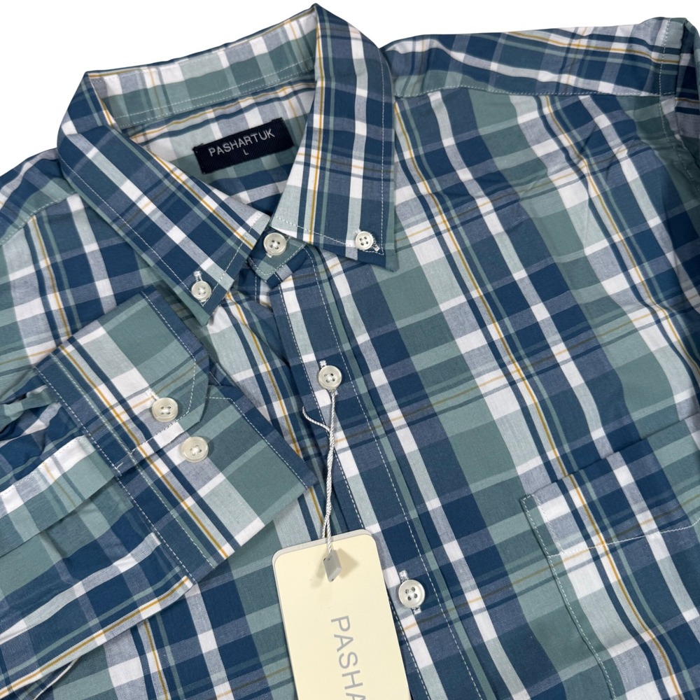NWT Plaid Button Down Shirt Men L Teal Blue Long Sleeve Preppy Casual Office